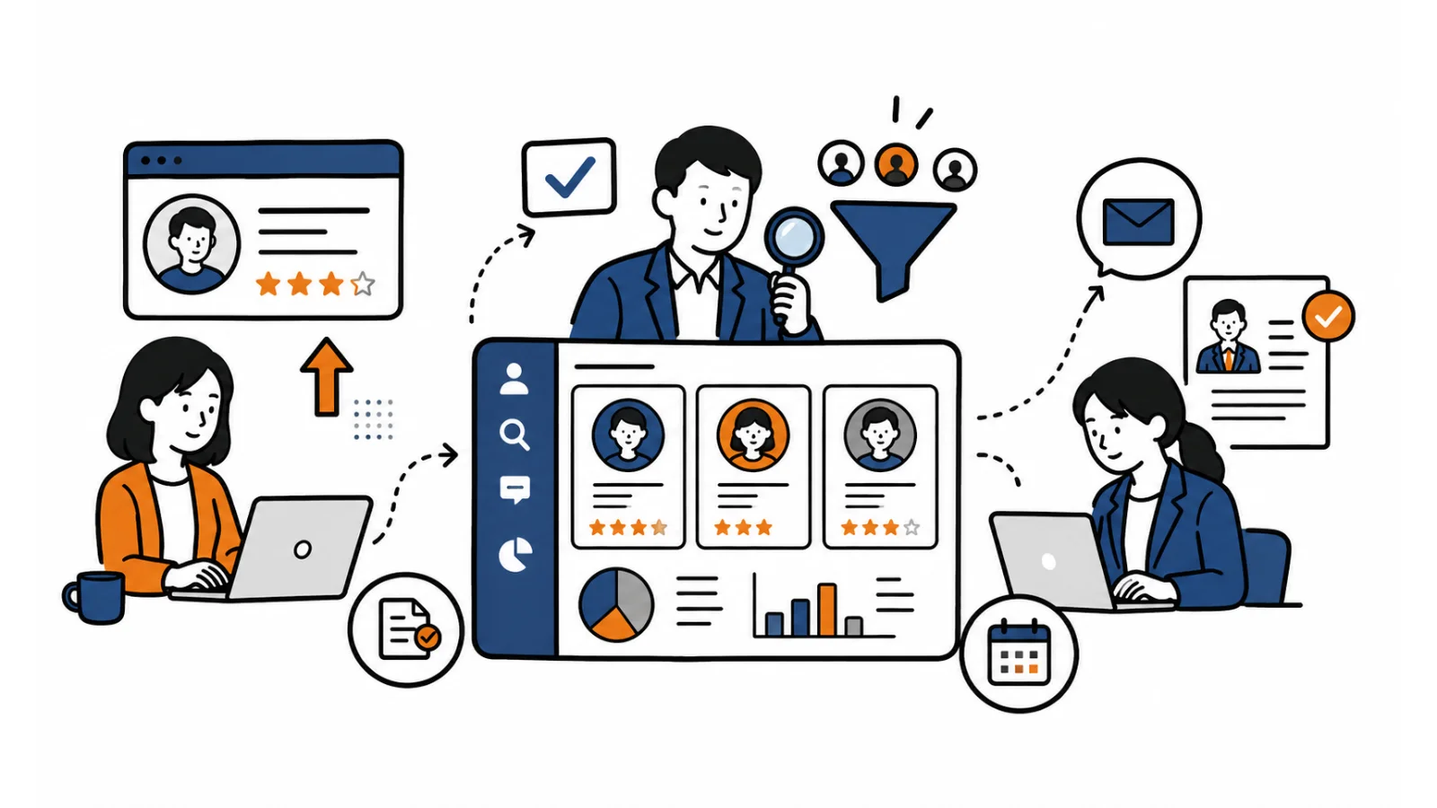 応募者の評価をもとに合否を判定し、合否連絡メールの送付や入社手続きへつなげるイメージ