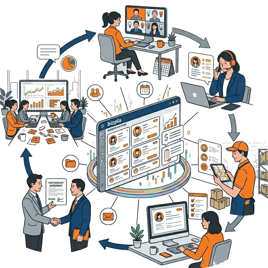 bizplaを中心に、採用にかかわる人と業務がひとつにつながるイメージ