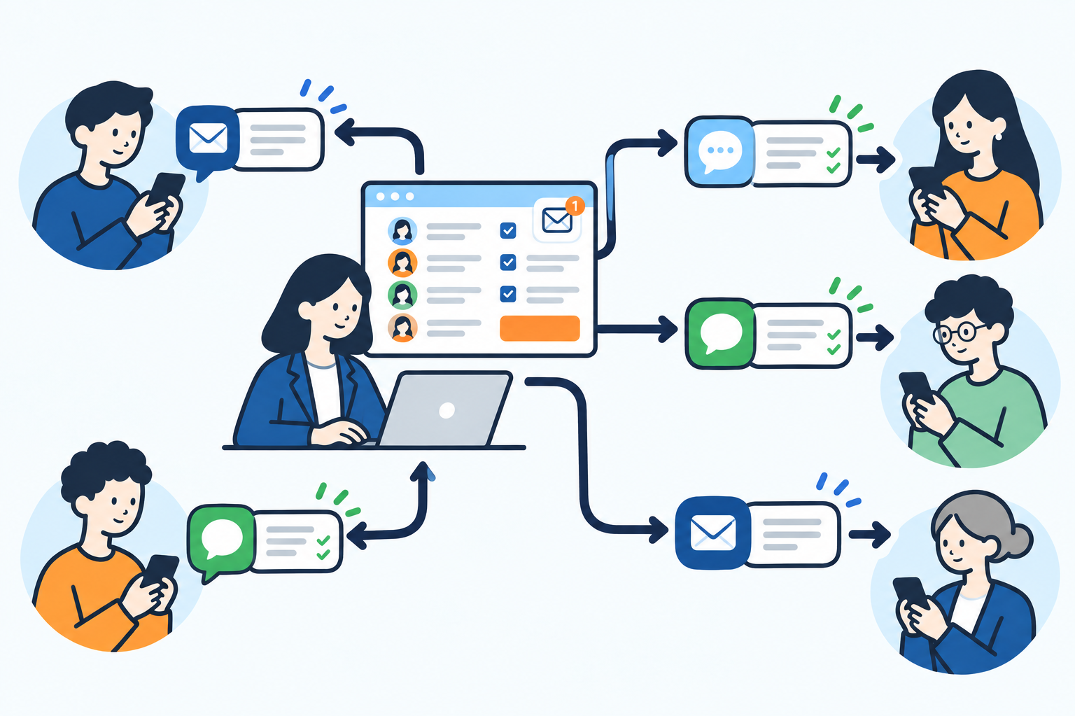採用担当者が管理画面から、メール・SMS・LINEで複数の応募者へ一斉にメッセージを送り、応募者がスマートフォンで受け取っているイラスト