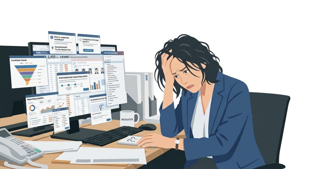 採用担当者がシステム画面を前に頭を抱えて困惑している様子