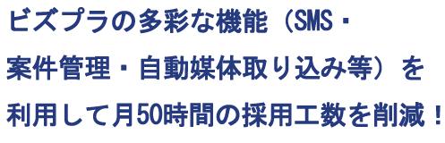 ビズプラの多彩な機能（SMS・案件管理・自動媒体取り込み等）を利用して月50時間の採用工数を削減！